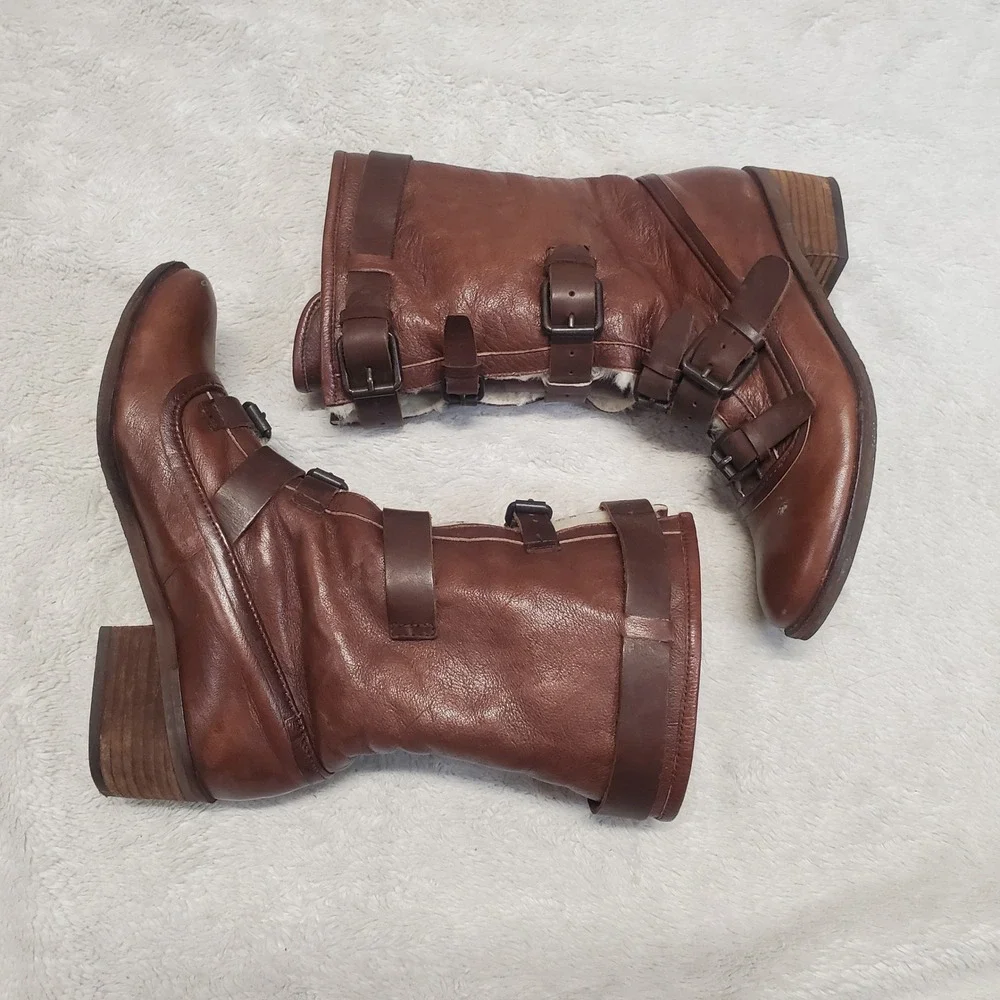 Brown Leather Australian Fur Fuzzy Buckle Tall Boots Women‎ 6 Boho Winter Cozy
